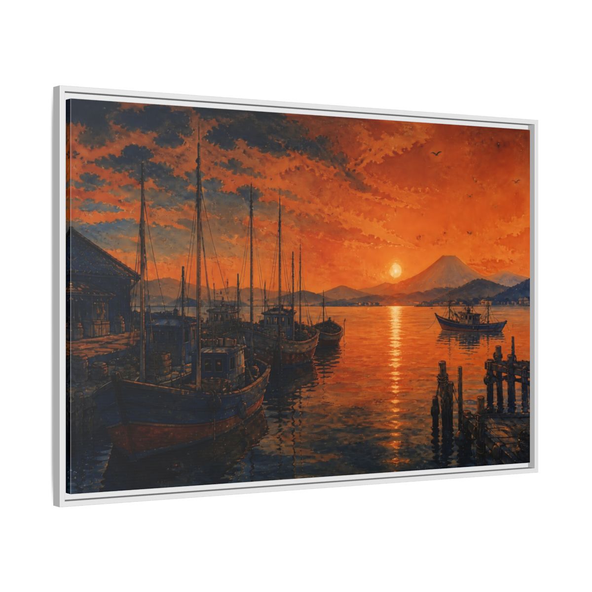 Side Mockup 7. Copper Sunset Harbor shown as framed canvas print
