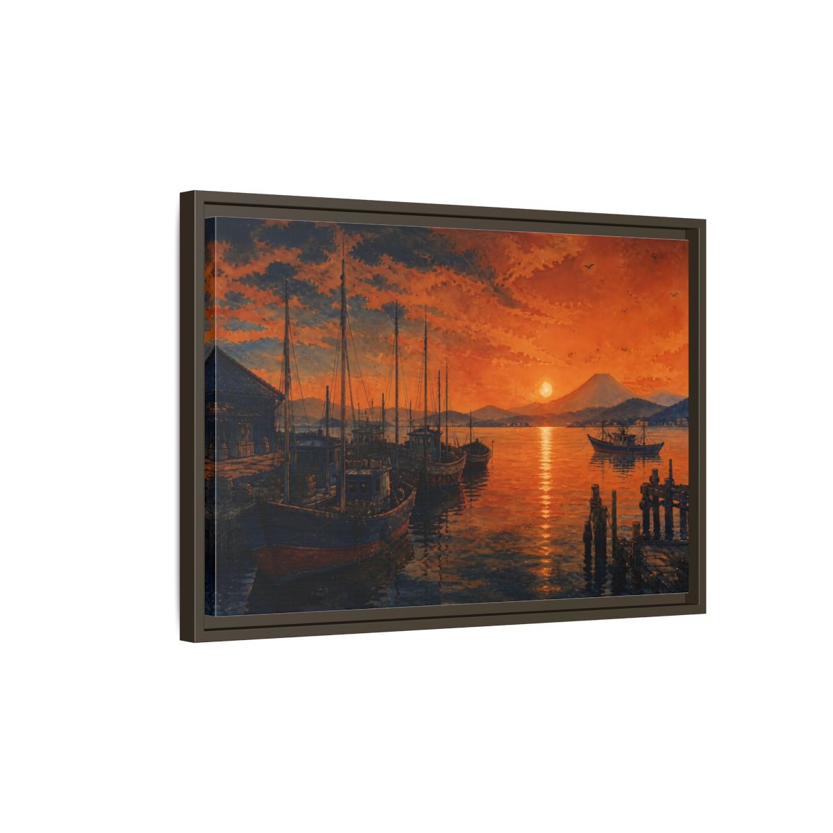 Side Mockup 2. Copper Sunset Harbor shown as framed canvas print