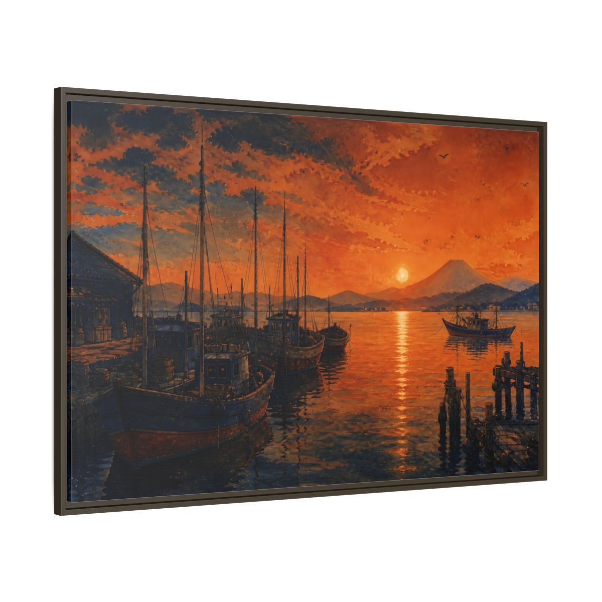 Side Mockup 8. Copper Sunset Harbor shown as framed canvas print