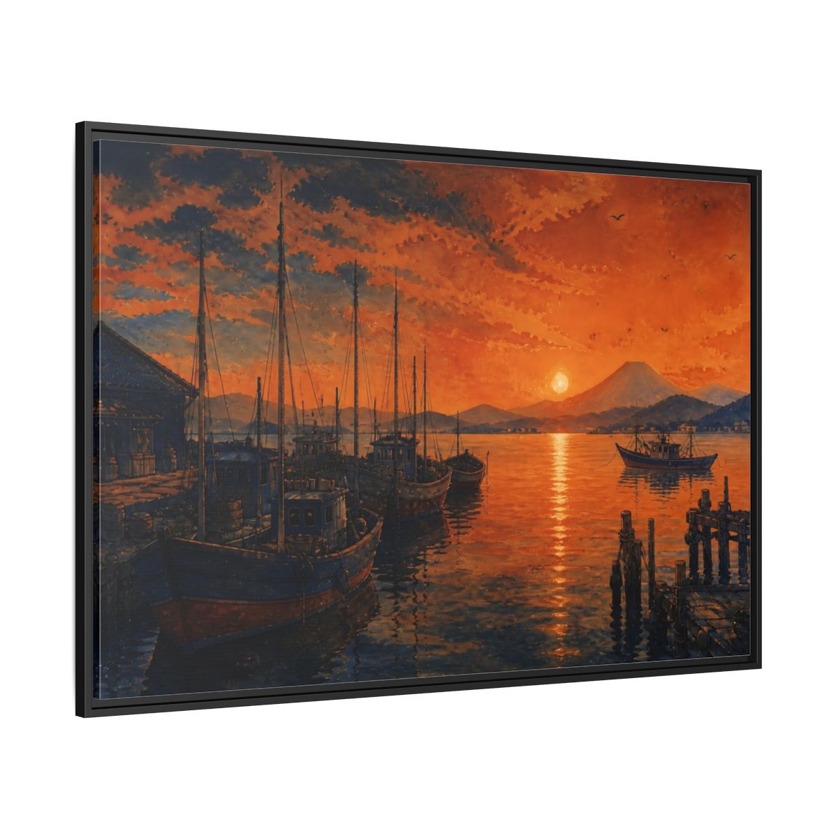 Side Mockup 12. Copper Sunset Harbor shown as framed canvas print