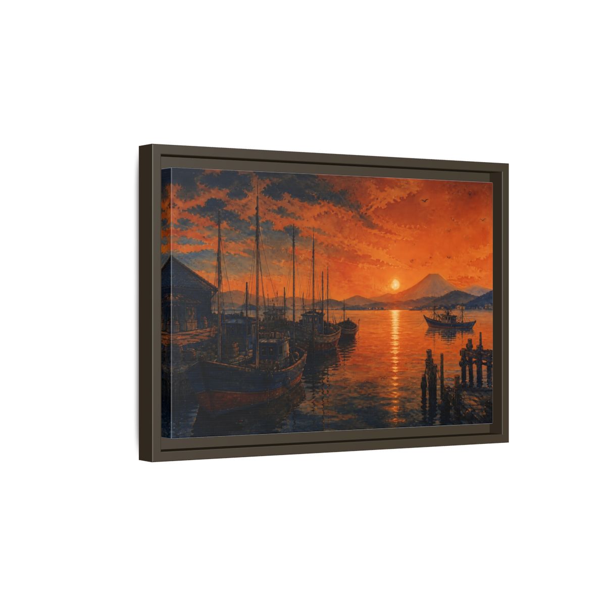 Side Mockup 5. Copper Sunset Harbor shown as framed canvas print