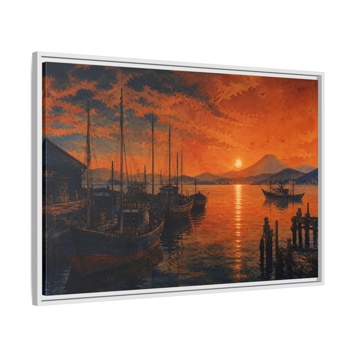 Side Mockup 9. Copper Sunset Harbor shown as framed canvas print