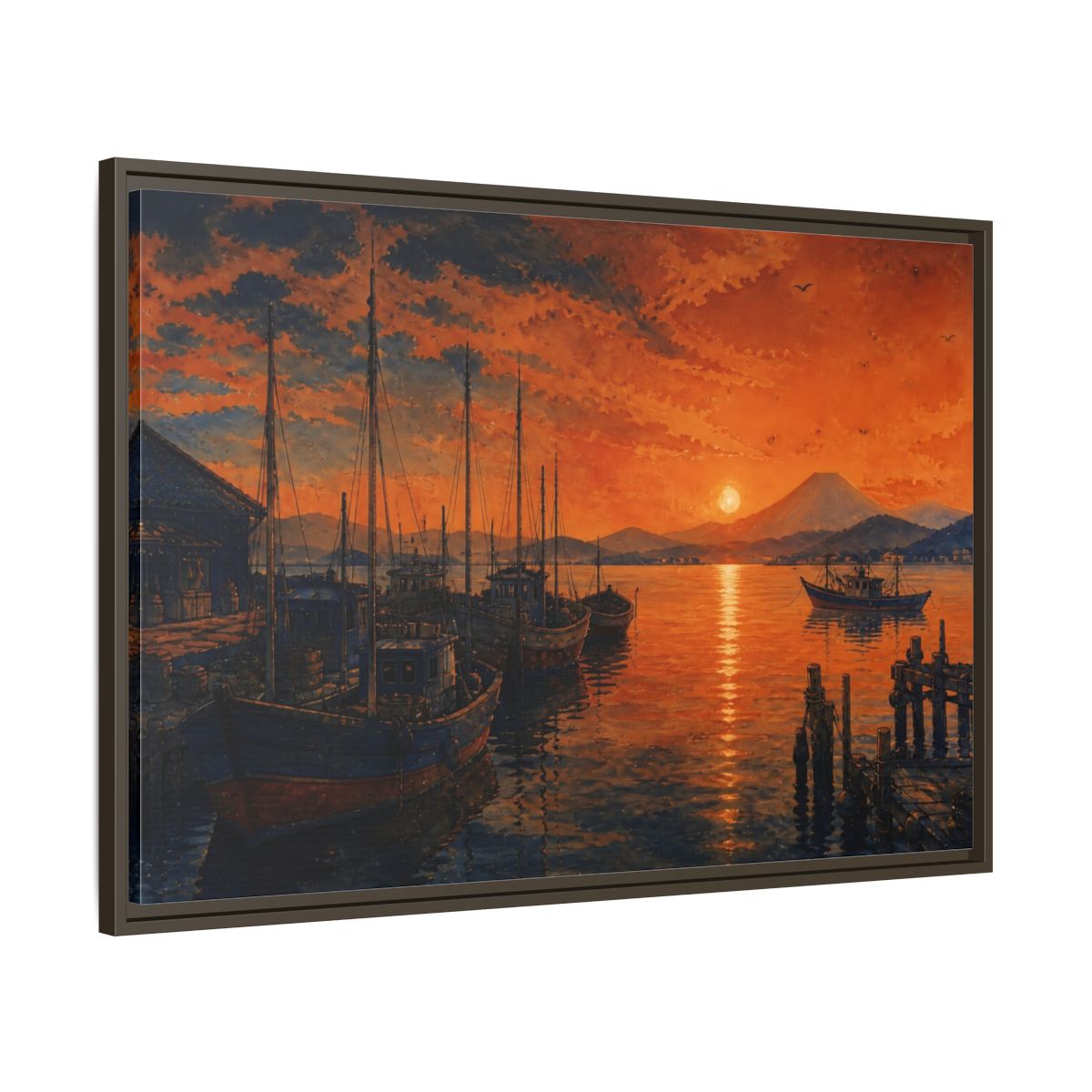 Main Mockup. Copper Sunset Harbor shown as framed canvas print