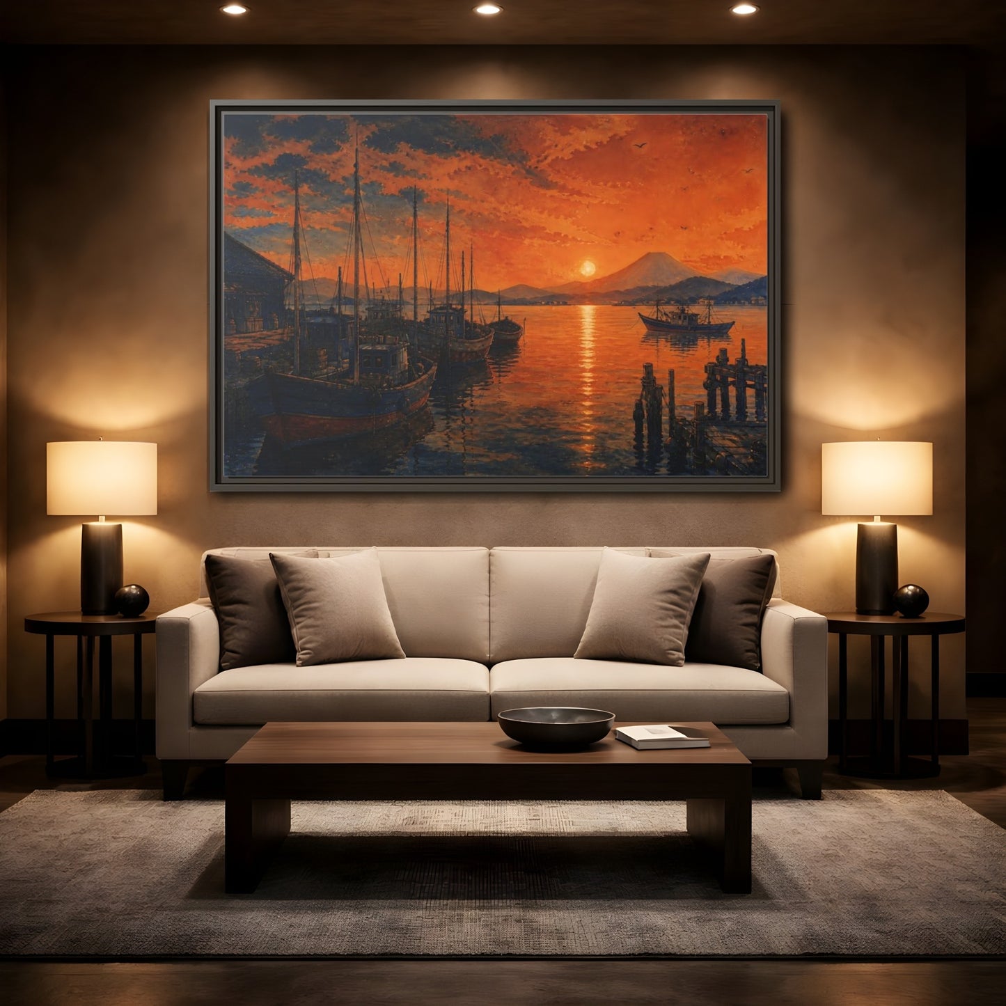 Mockup 2. Copper Sunset Harbor shown as framed canvas print