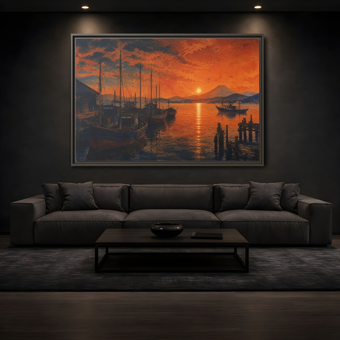 Mockup 3. Copper Sunset Harbor shown as framed canvas print