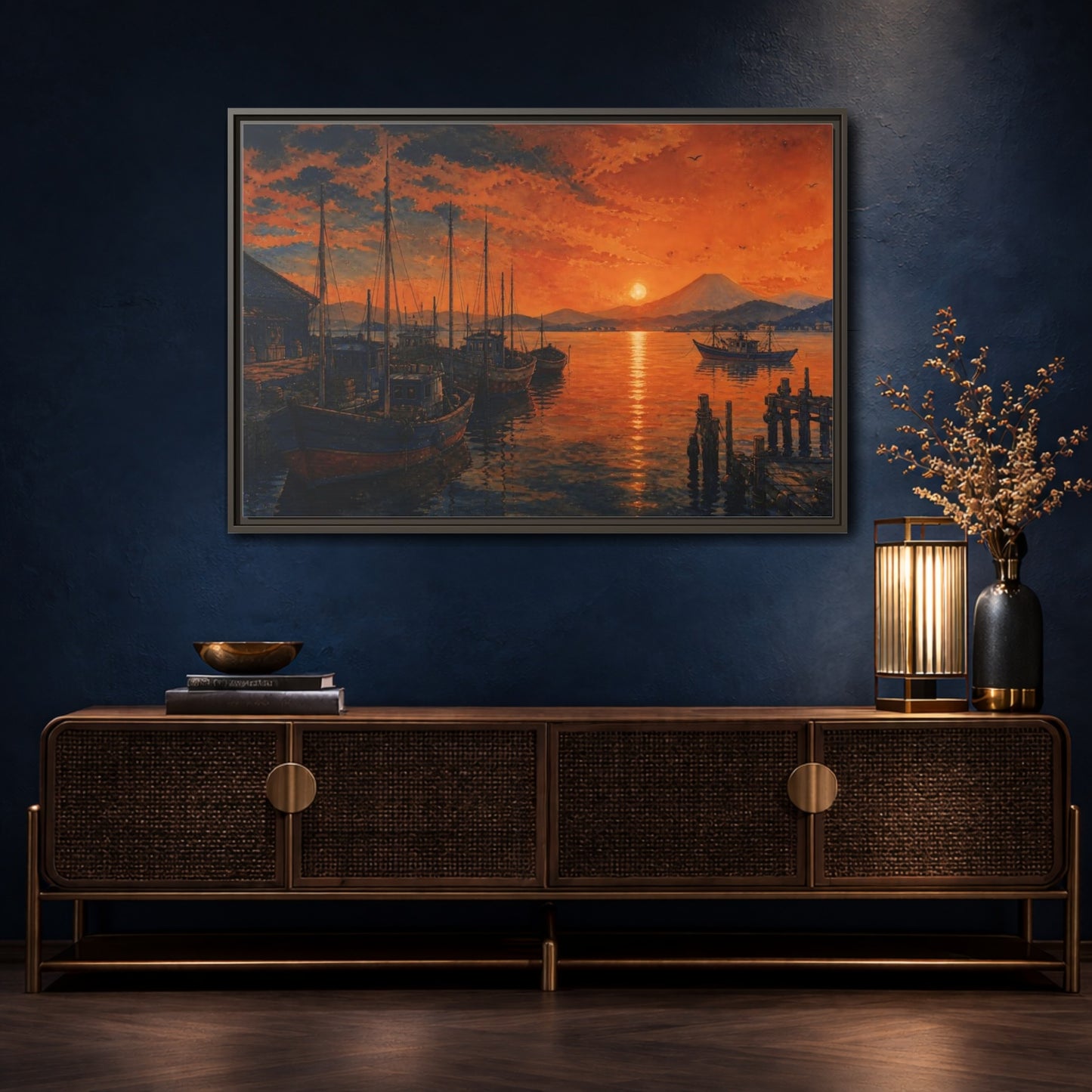 Mockup 4. Copper Sunset Harbor shown as framed canvas print
