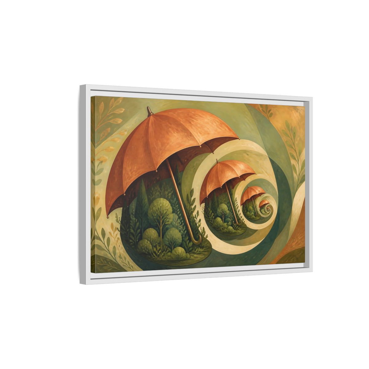 Side Mockup 1. Copper Umbrella Grove shown as framed canvas print