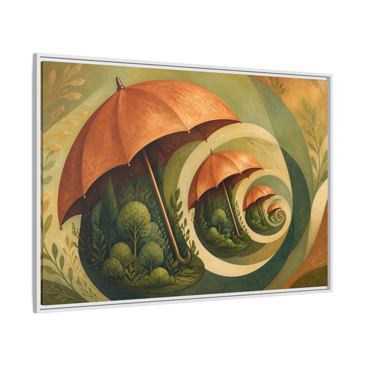 Side Mockup 7. Copper Umbrella Grove shown as framed canvas print