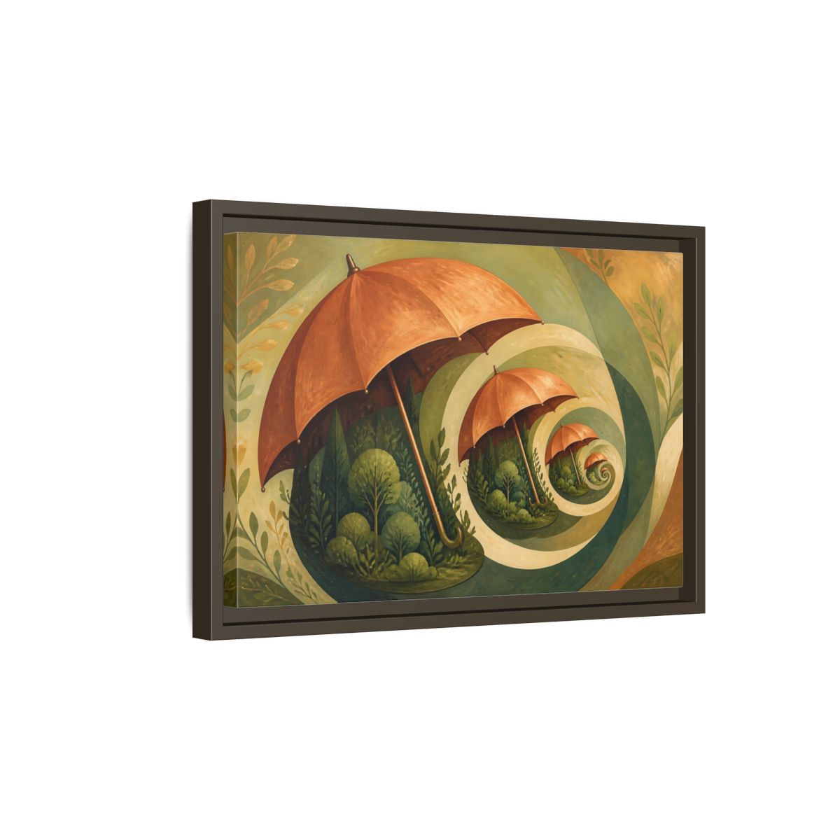 Side Mockup 5. Copper Umbrella Grove shown as framed canvas print