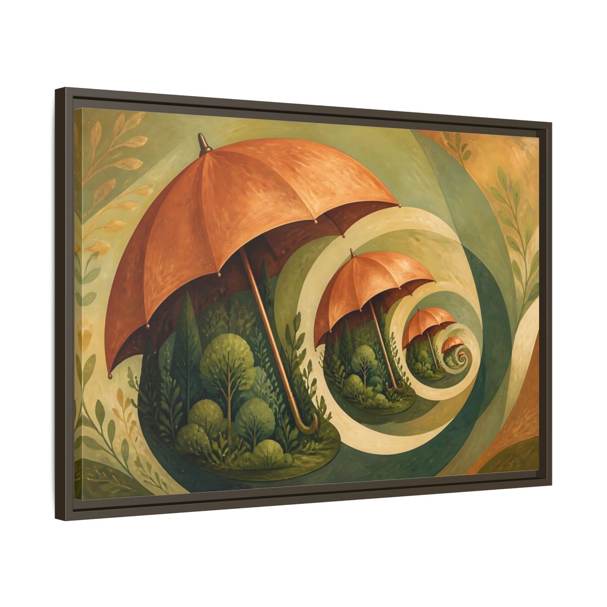 Side Mockup 11. Copper Umbrella Grove shown as framed canvas print