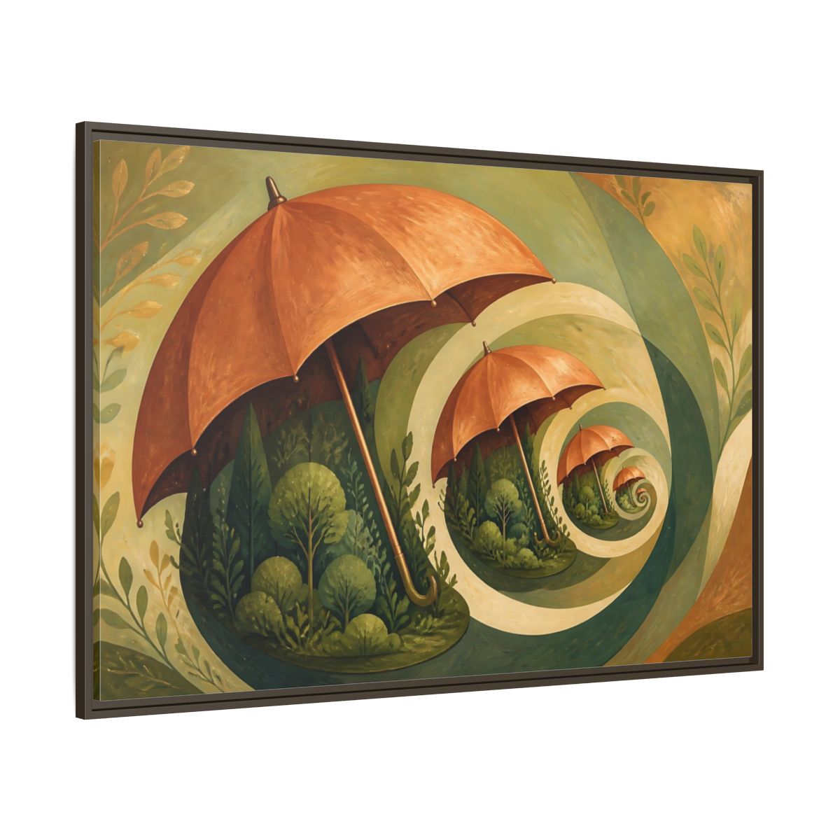 Side Mockup 8. Copper Umbrella Grove shown as framed canvas print