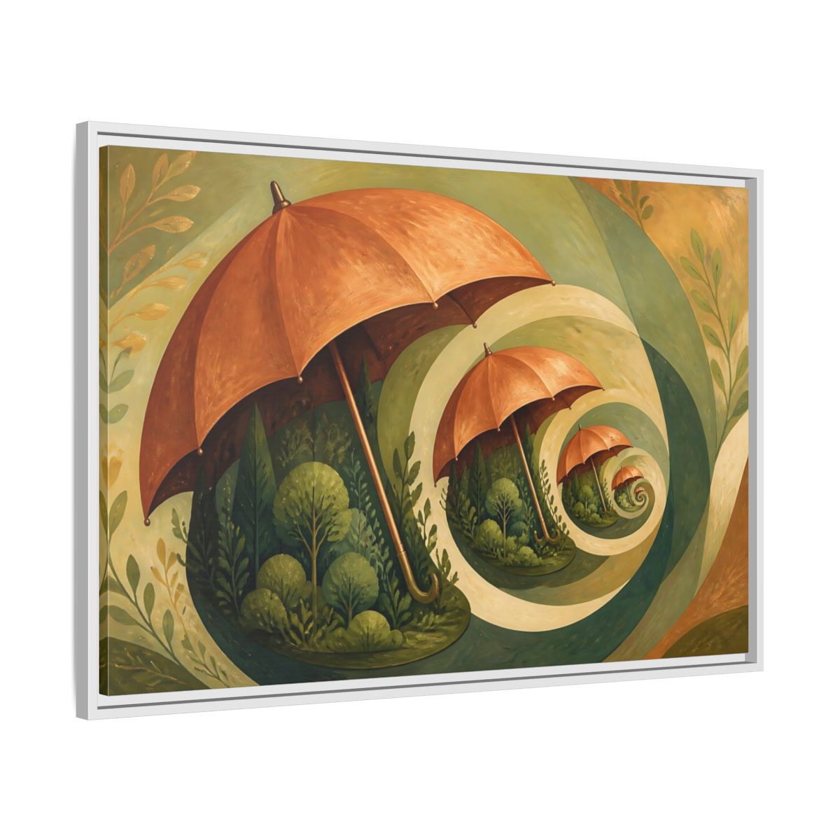 Side Mockup 9. Copper Umbrella Grove shown as framed canvas print