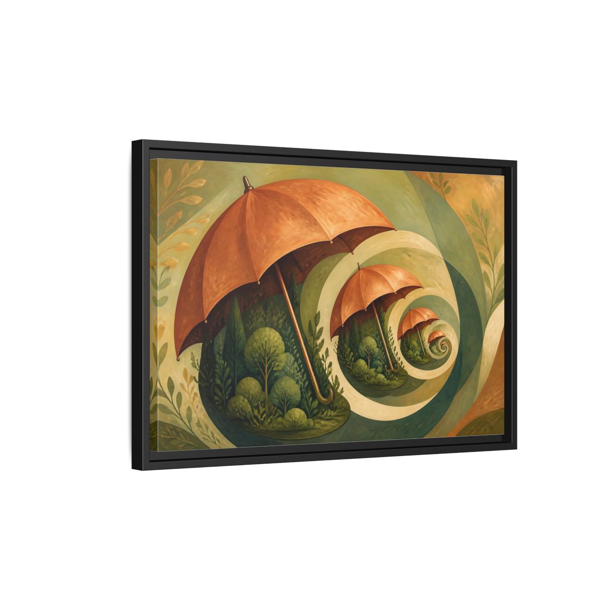 Side Mockup 3. Copper Umbrella Grove shown as framed canvas print