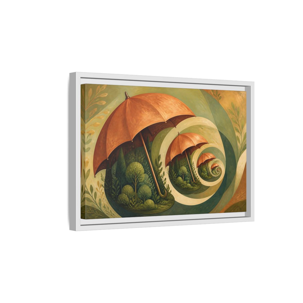 Side Mockup 4. Copper Umbrella Grove shown as framed canvas print
