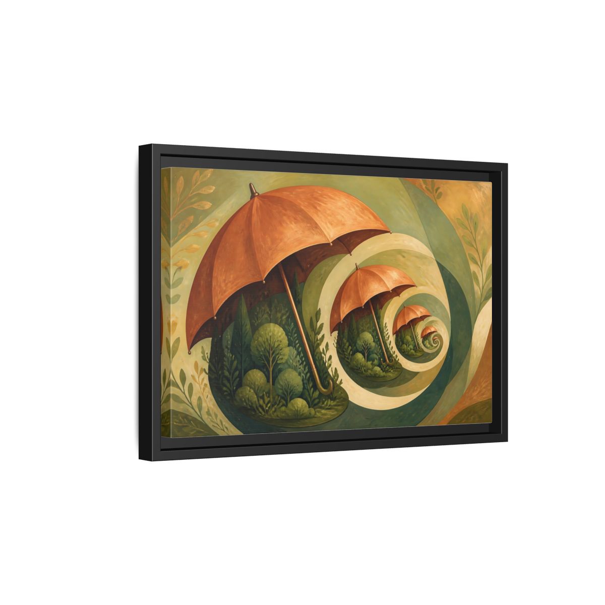 Side Mockup 6. Copper Umbrella Grove shown as framed canvas print