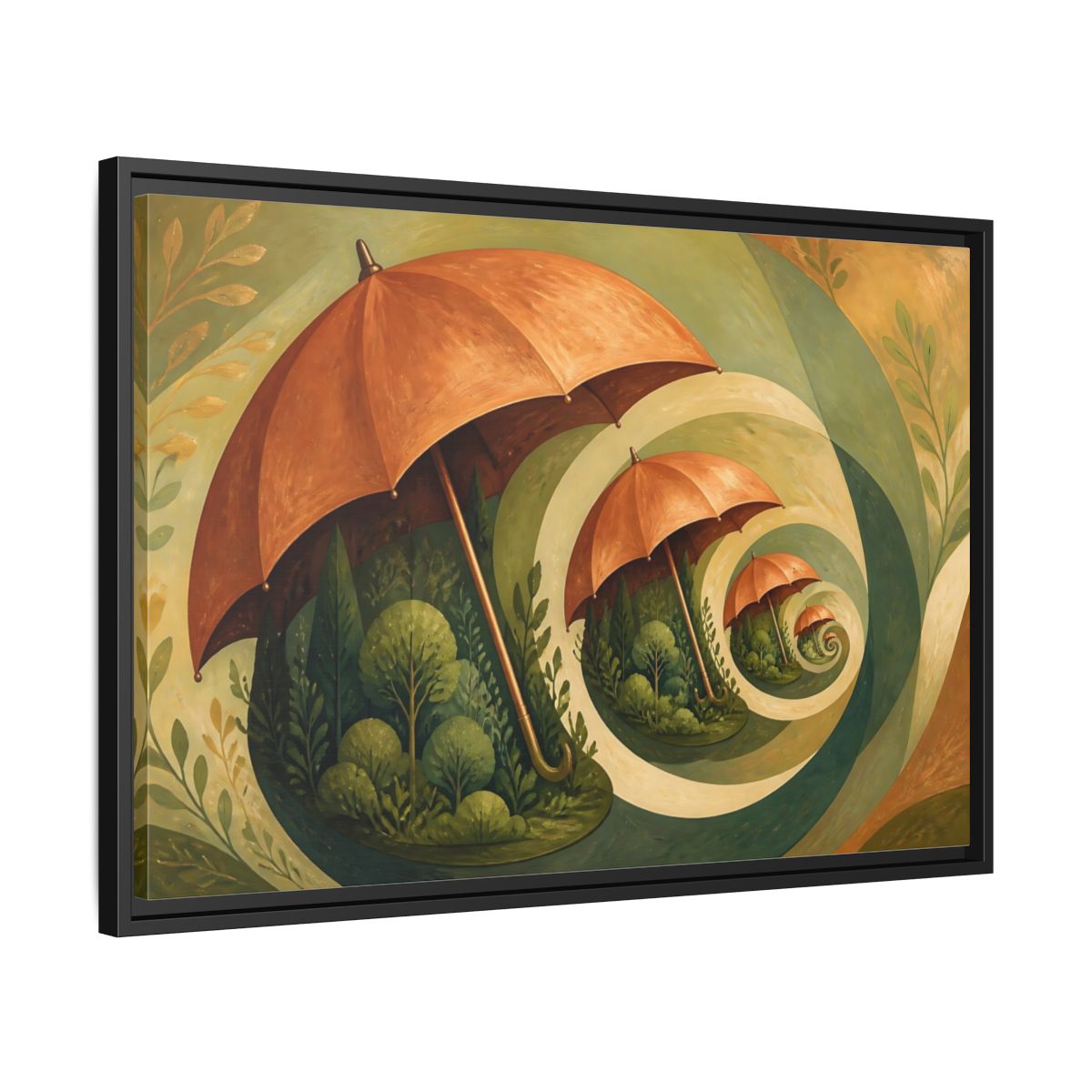 Side Mockup 14. Copper Umbrella Grove shown as framed canvas print
