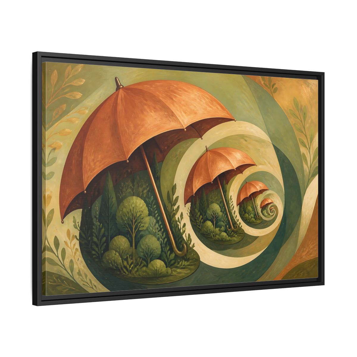 Side Mockup 13. Copper Umbrella Grove shown as framed canvas print