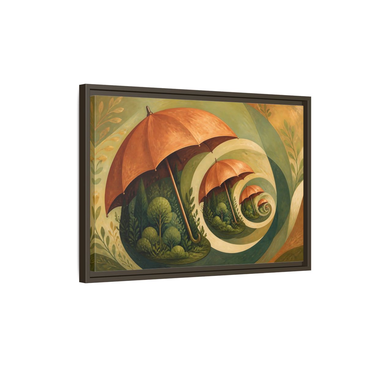 Side Mockup 2. Copper Umbrella Grove shown as framed canvas print