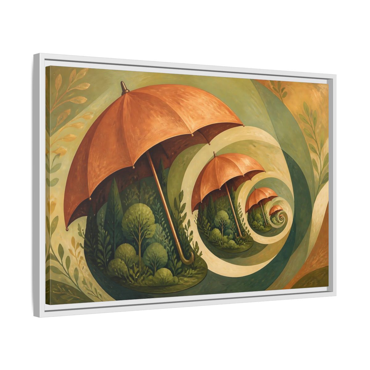 Side Mockup 10. Copper Umbrella Grove shown as framed canvas print