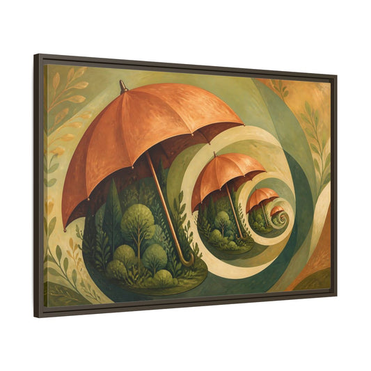 Main Mockup. Copper Umbrella Grove shown as framed canvas print