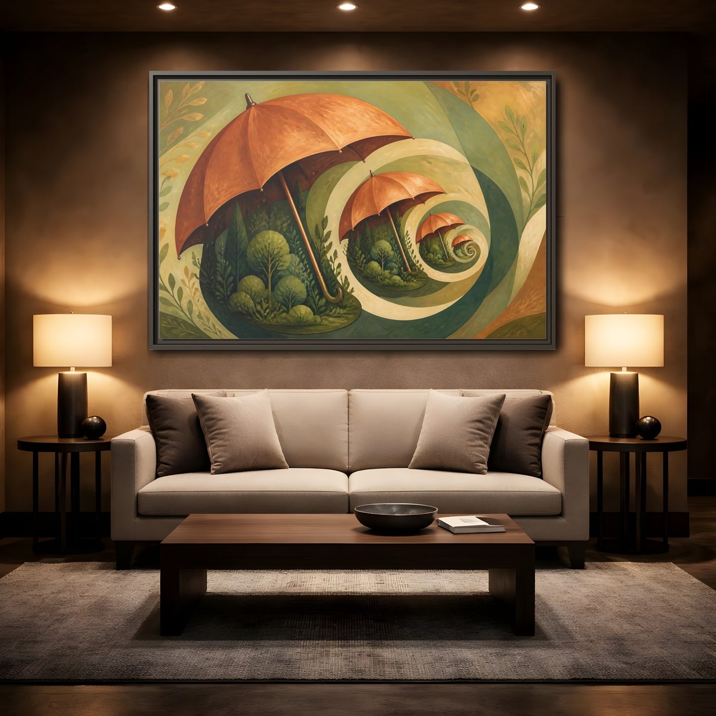 Mockup 2. Copper Umbrella Grove shown as framed canvas print