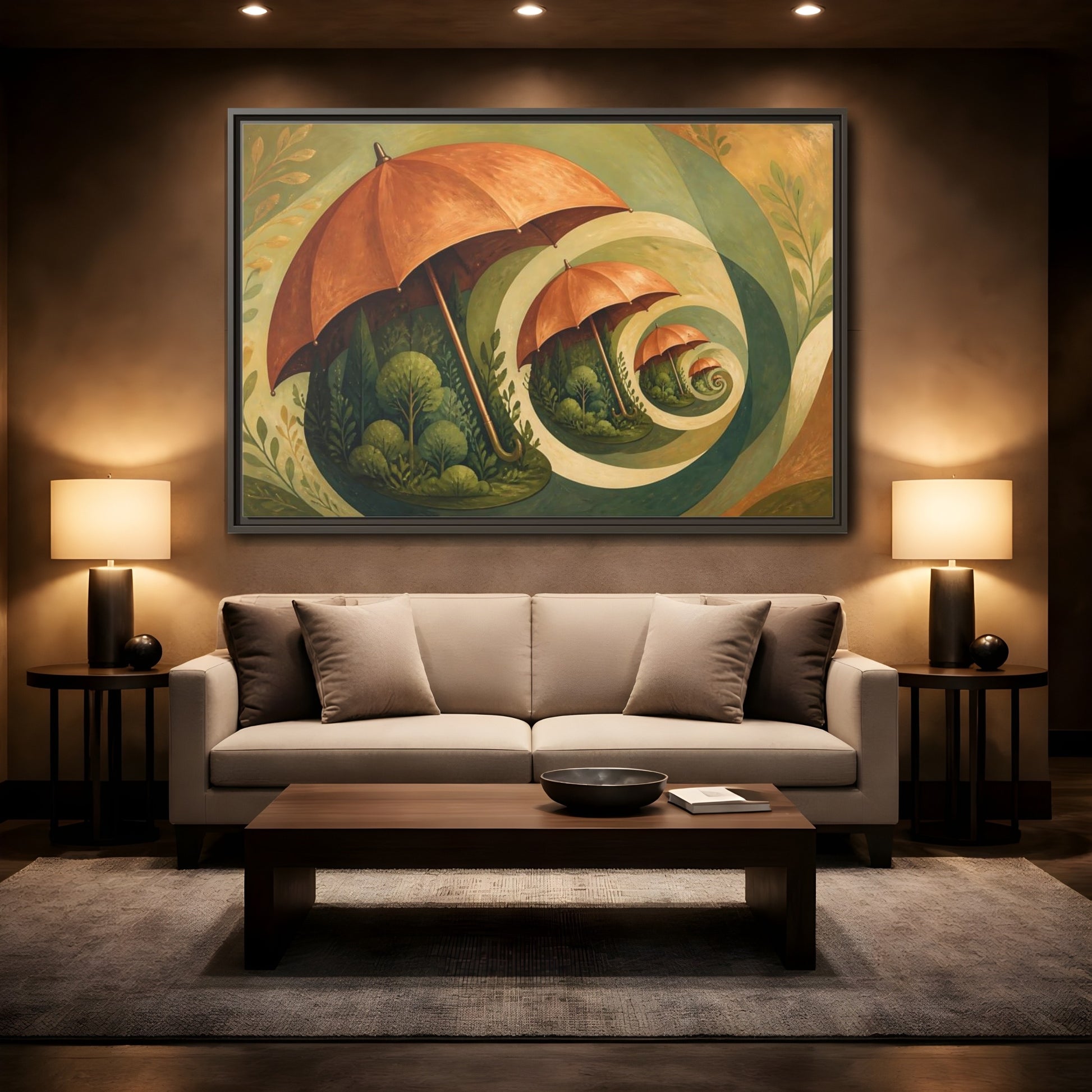 Mockup 2. Copper Umbrella Grove shown as framed canvas print