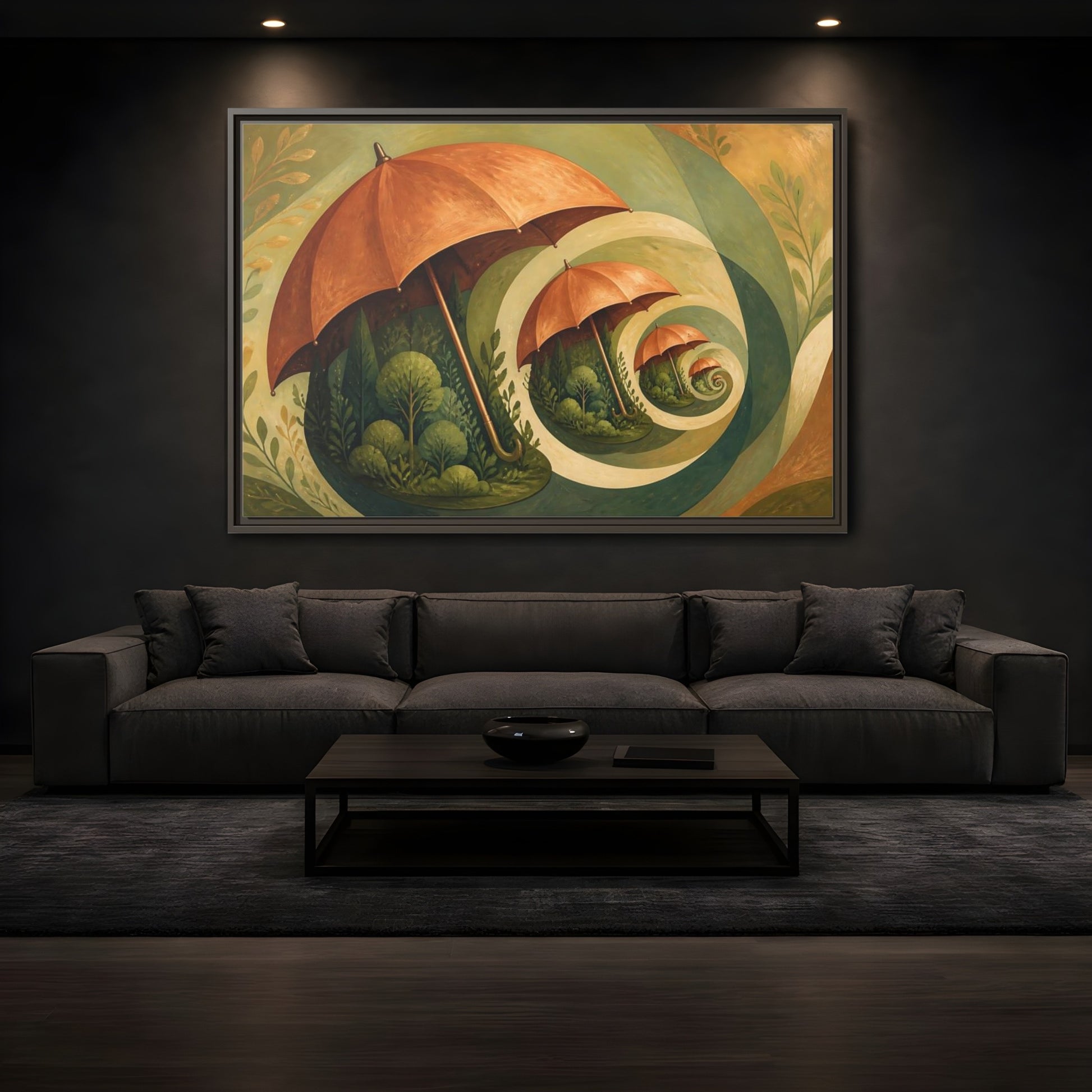 Mockup 3. Copper Umbrella Grove shown as framed canvas print