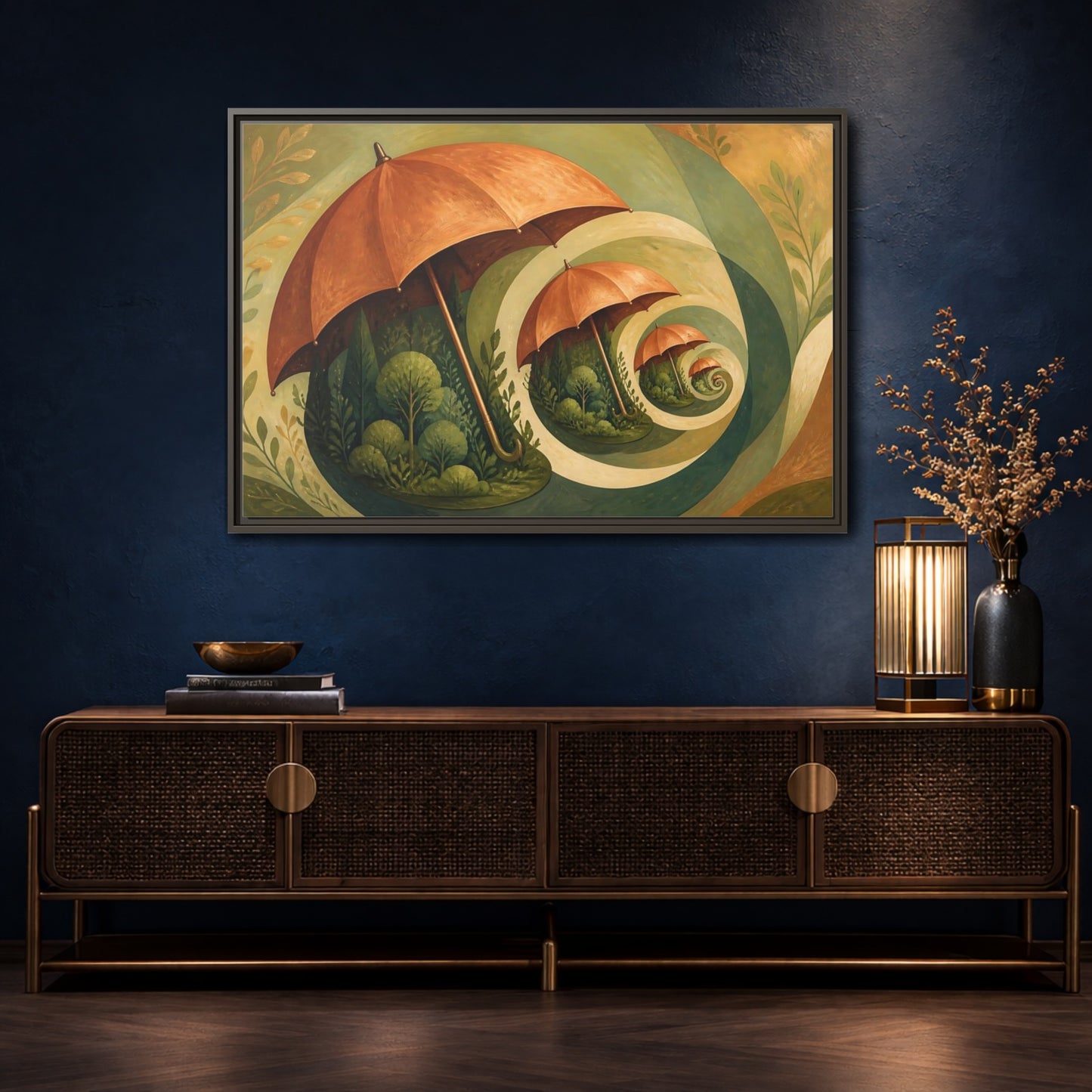Mockup 4. Copper Umbrella Grove shown as framed canvas print