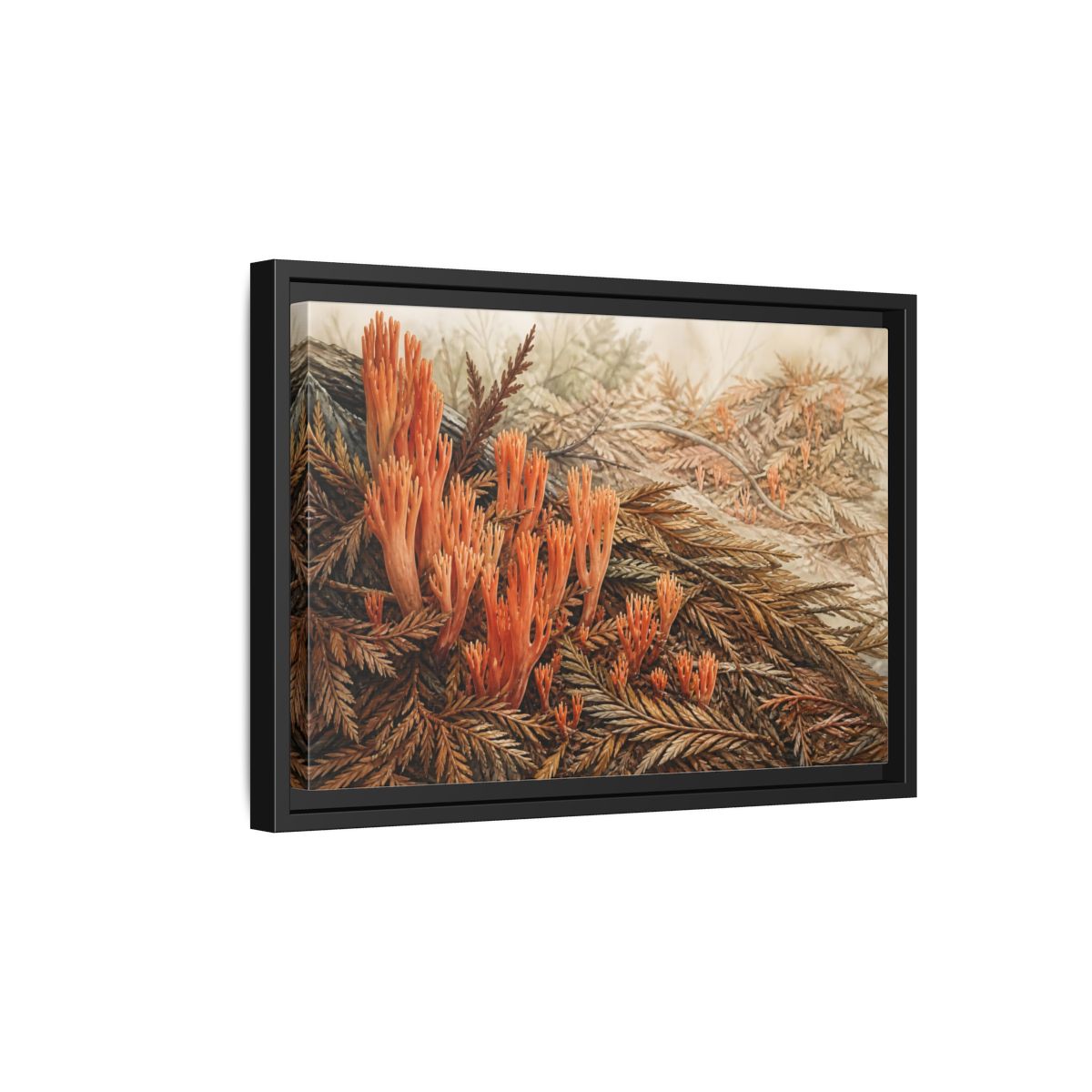 Side Mockup 6. Coral Fungi Among Needles shown as framed canvas print