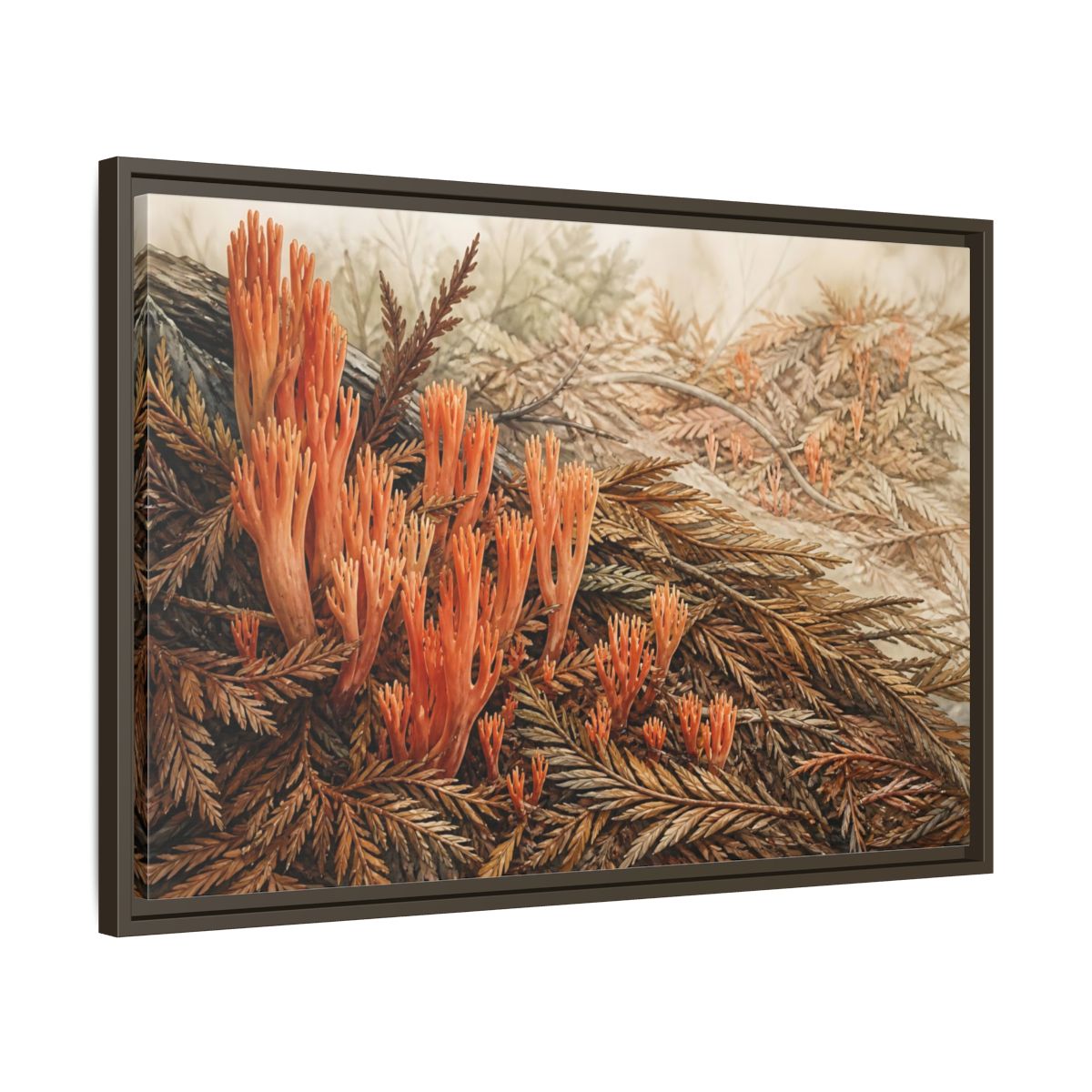 Side Mockup 11. Coral Fungi Among Needles shown as framed canvas print
