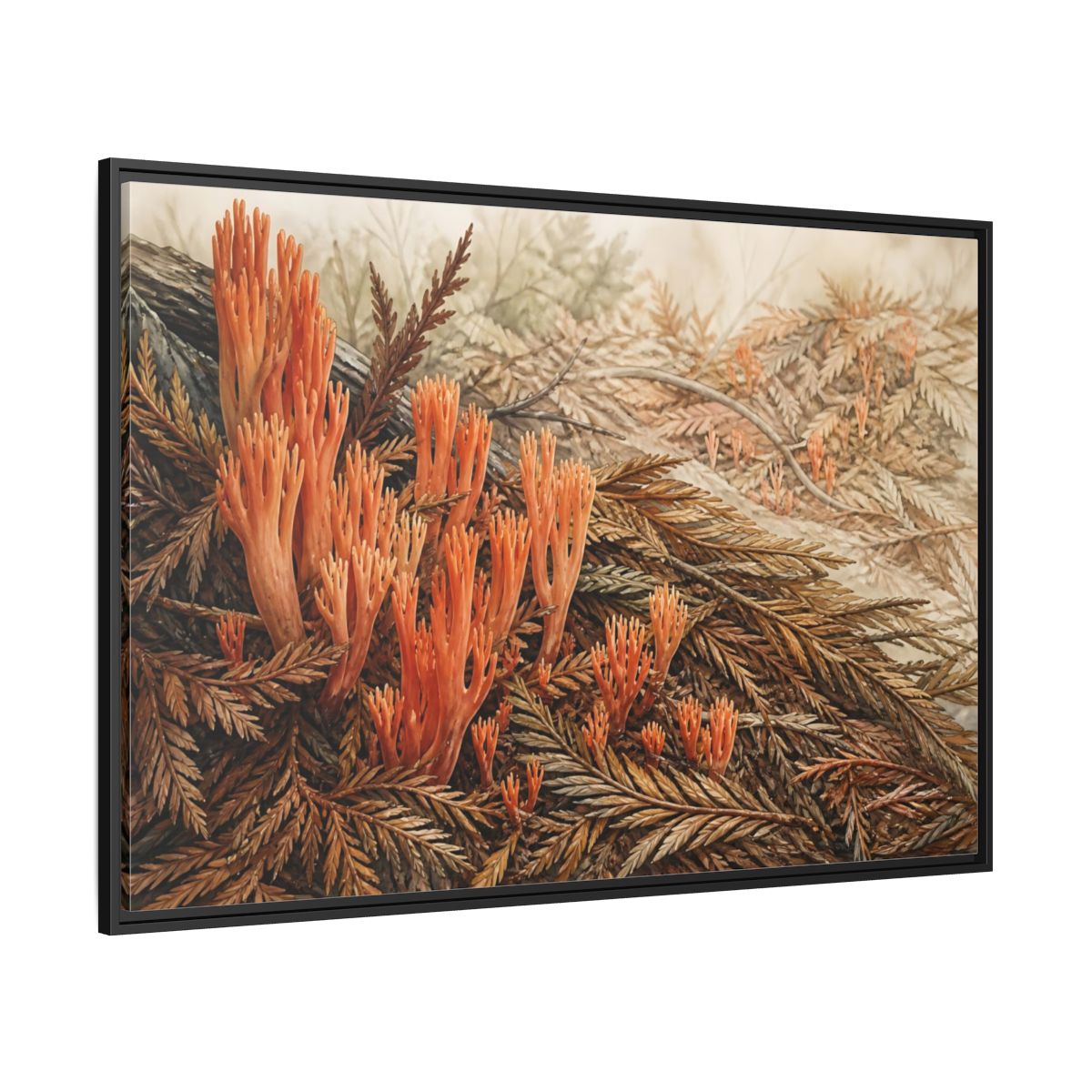 Side Mockup 12. Coral Fungi Among Needles shown as framed canvas print