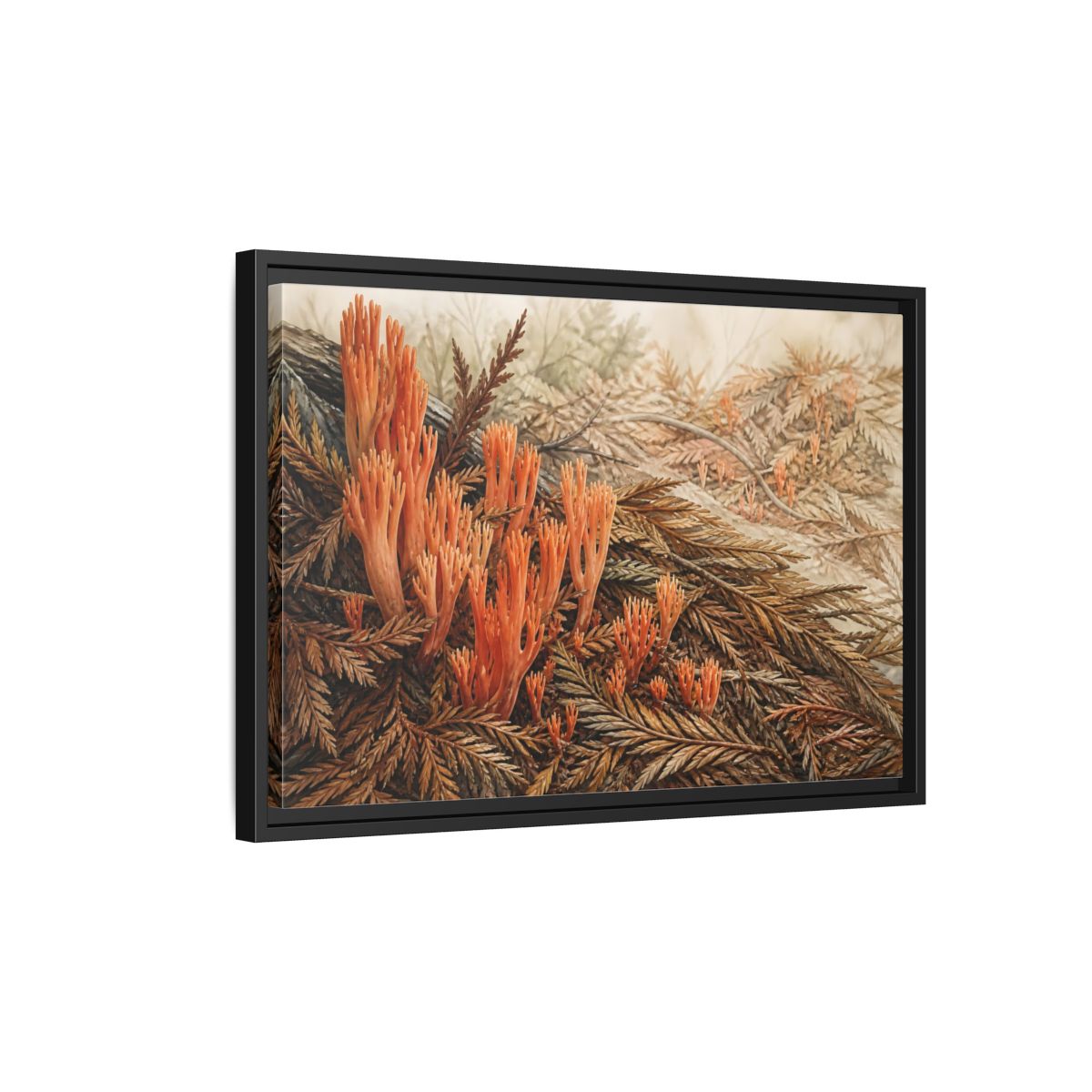 Side Mockup 3. Coral Fungi Among Needles shown as framed canvas print