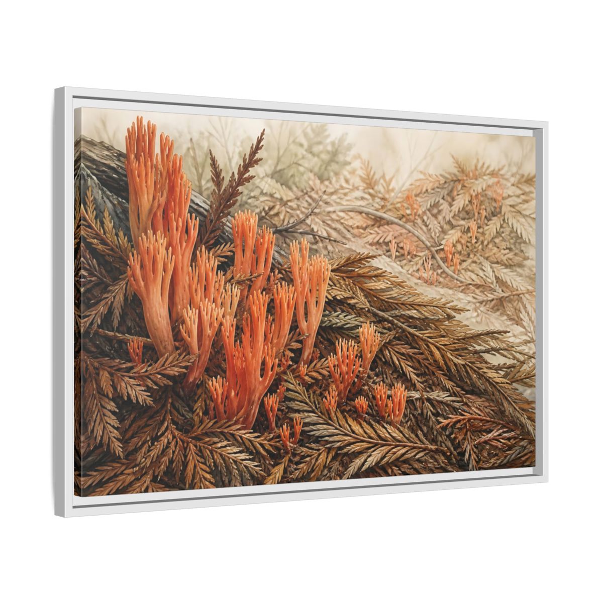 Side Mockup 10. Coral Fungi Among Needles shown as framed canvas print
