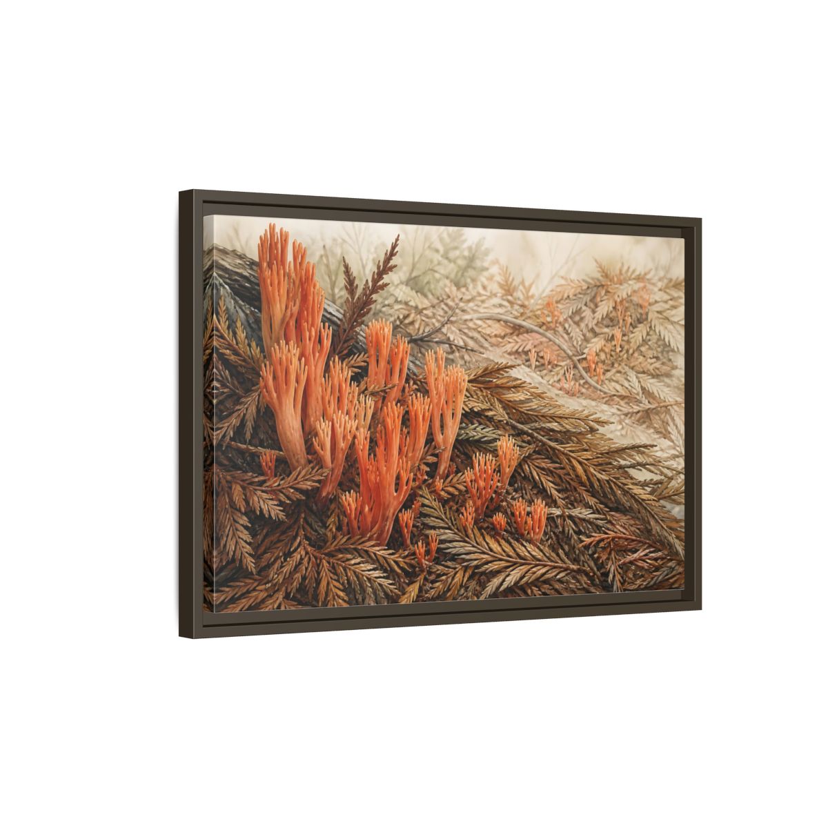 Side Mockup 2. Coral Fungi Among Needles shown as framed canvas print