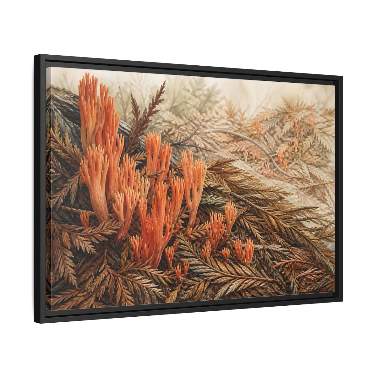 Side Mockup 14. Coral Fungi Among Needles shown as framed canvas print