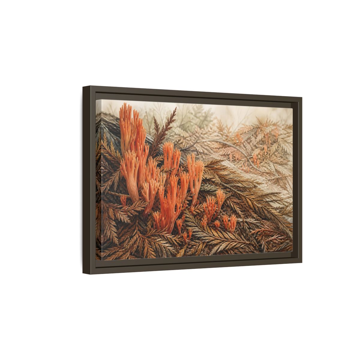 Side Mockup 5. Coral Fungi Among Needles shown as framed canvas print