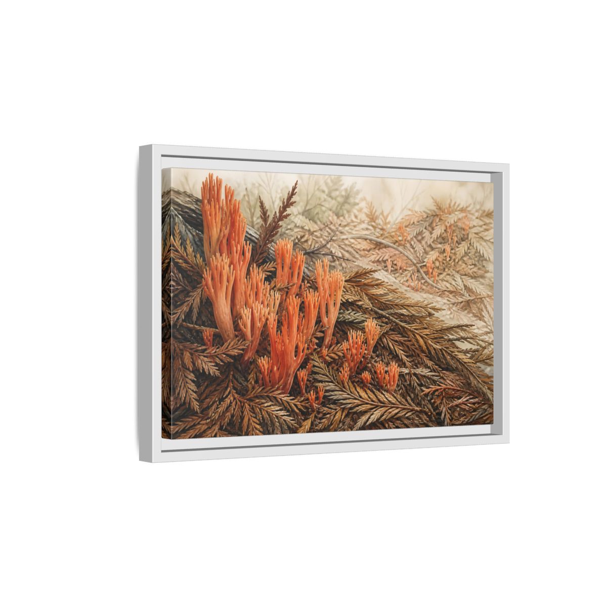 Side Mockup 4. Coral Fungi Among Needles shown as framed canvas print