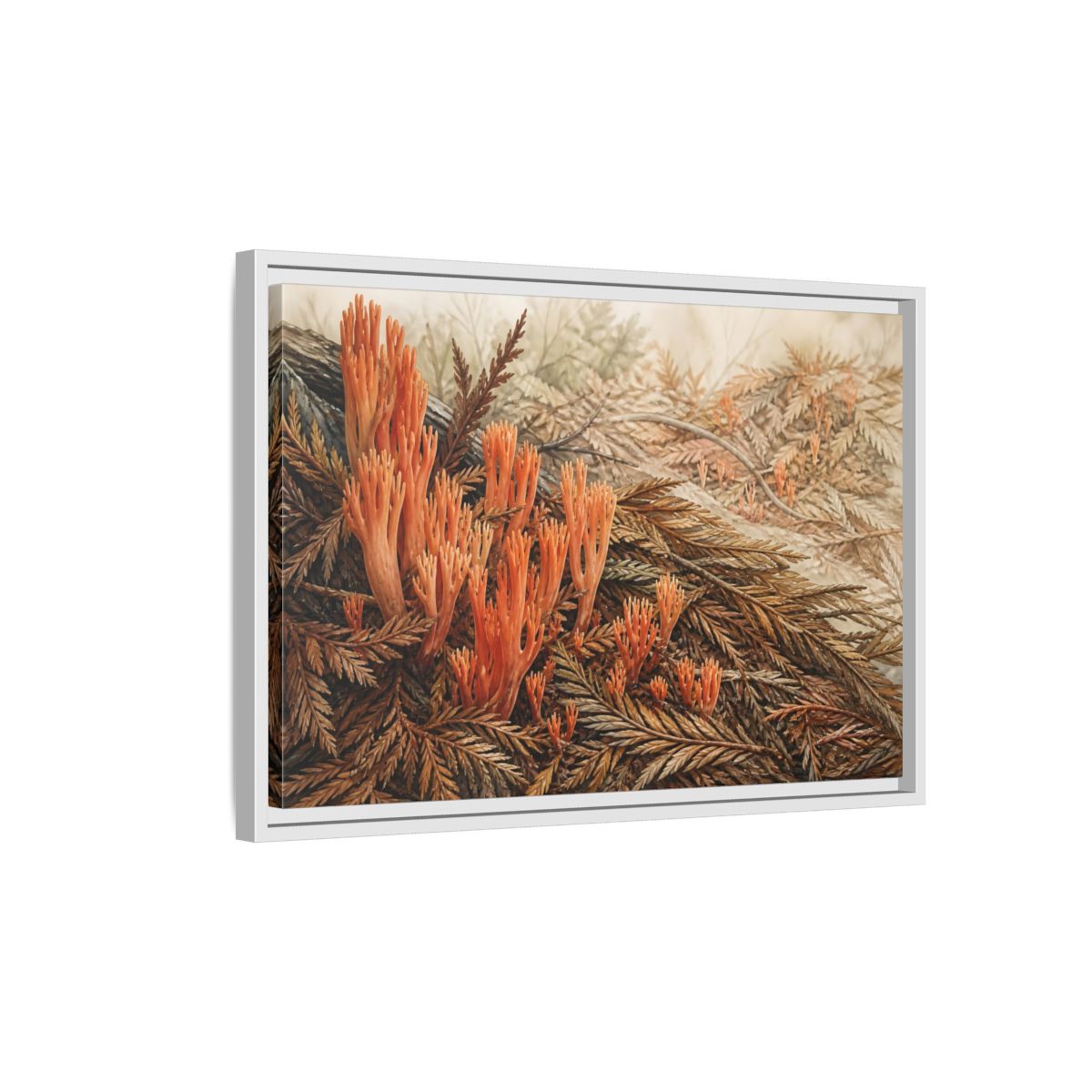 Side Mockup 1. Coral Fungi Among Needles shown as framed canvas print