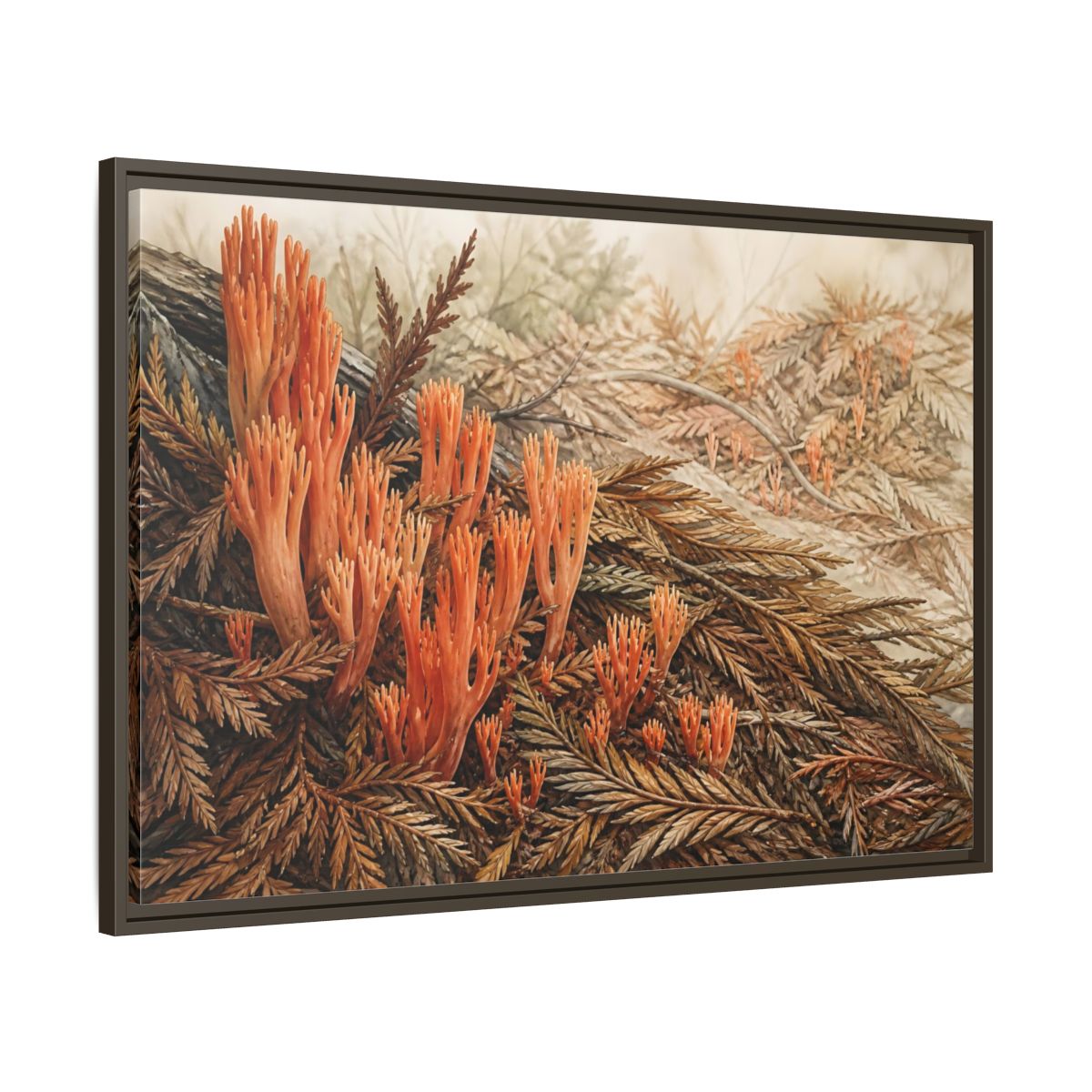 Main Mockup. Coral Fungi Among Needles shown as framed canvas print