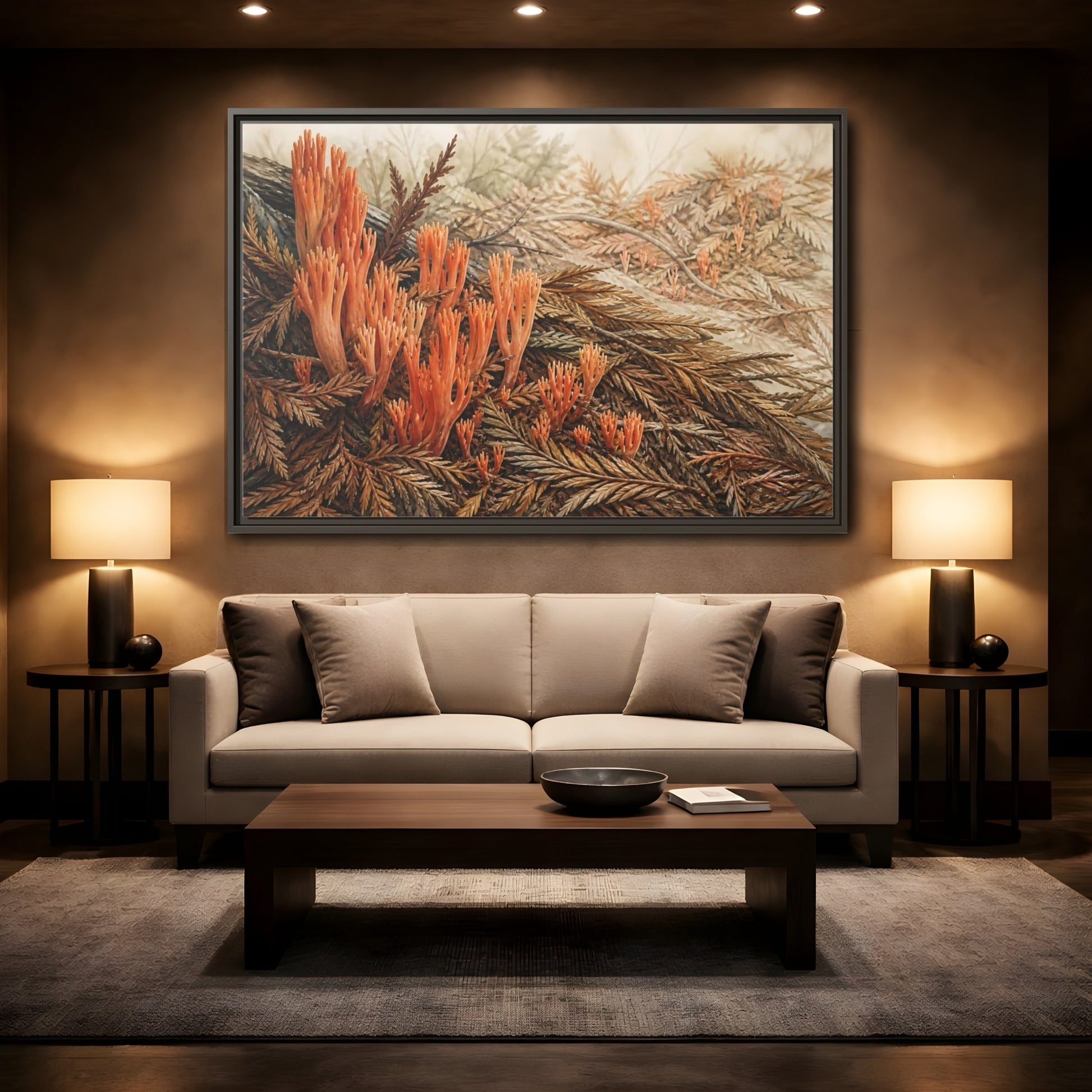 Mockup 2. Coral Fungi Among Needles shown as framed canvas print