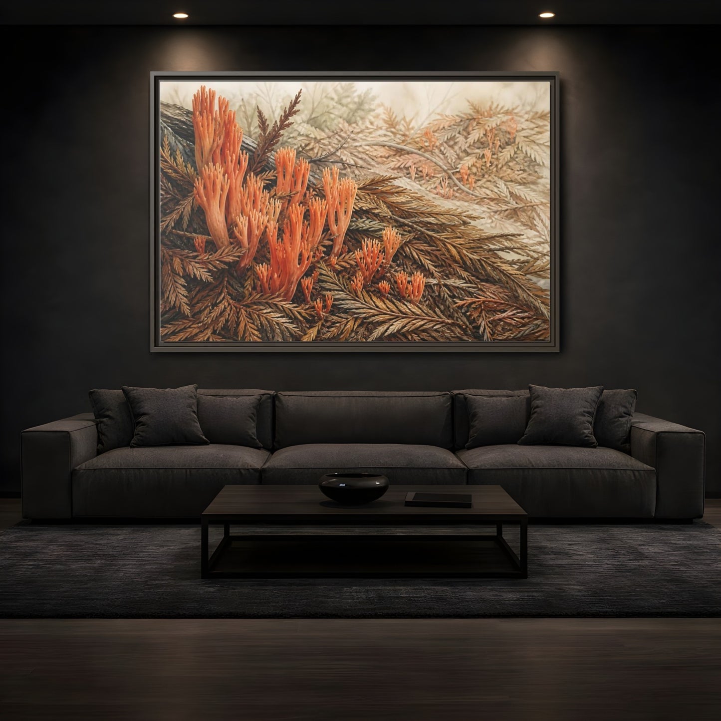 Mockup 3. Coral Fungi Among Needles shown as framed canvas print