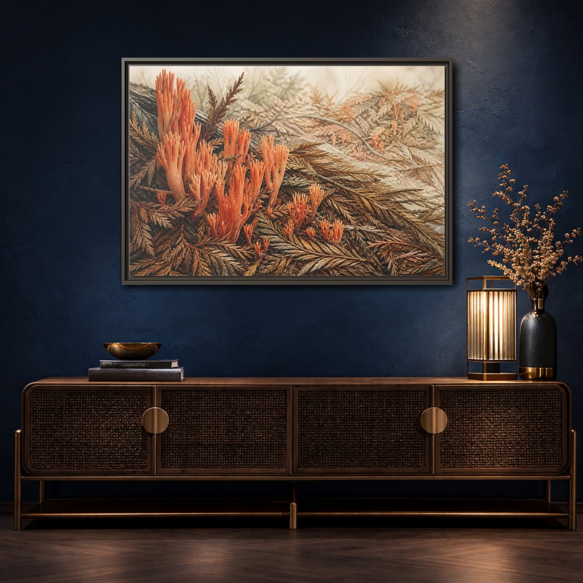 Mockup 4. Coral Fungi Among Needles shown as framed canvas print