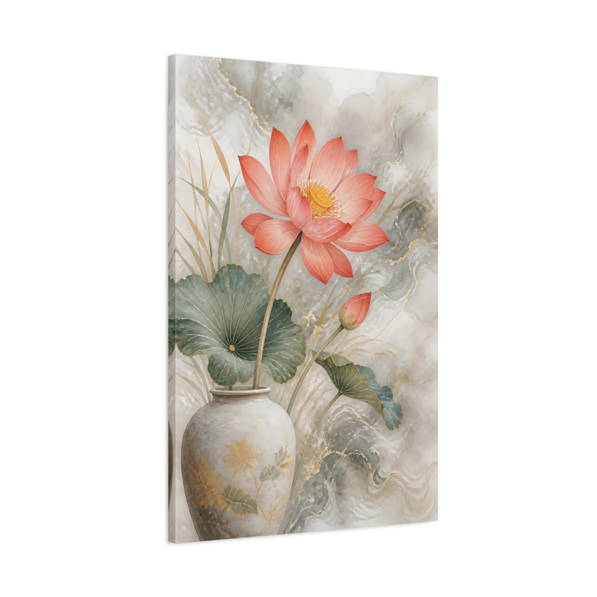 Main Mockup. Coral Lotus Floral Elegance shown as canvas print