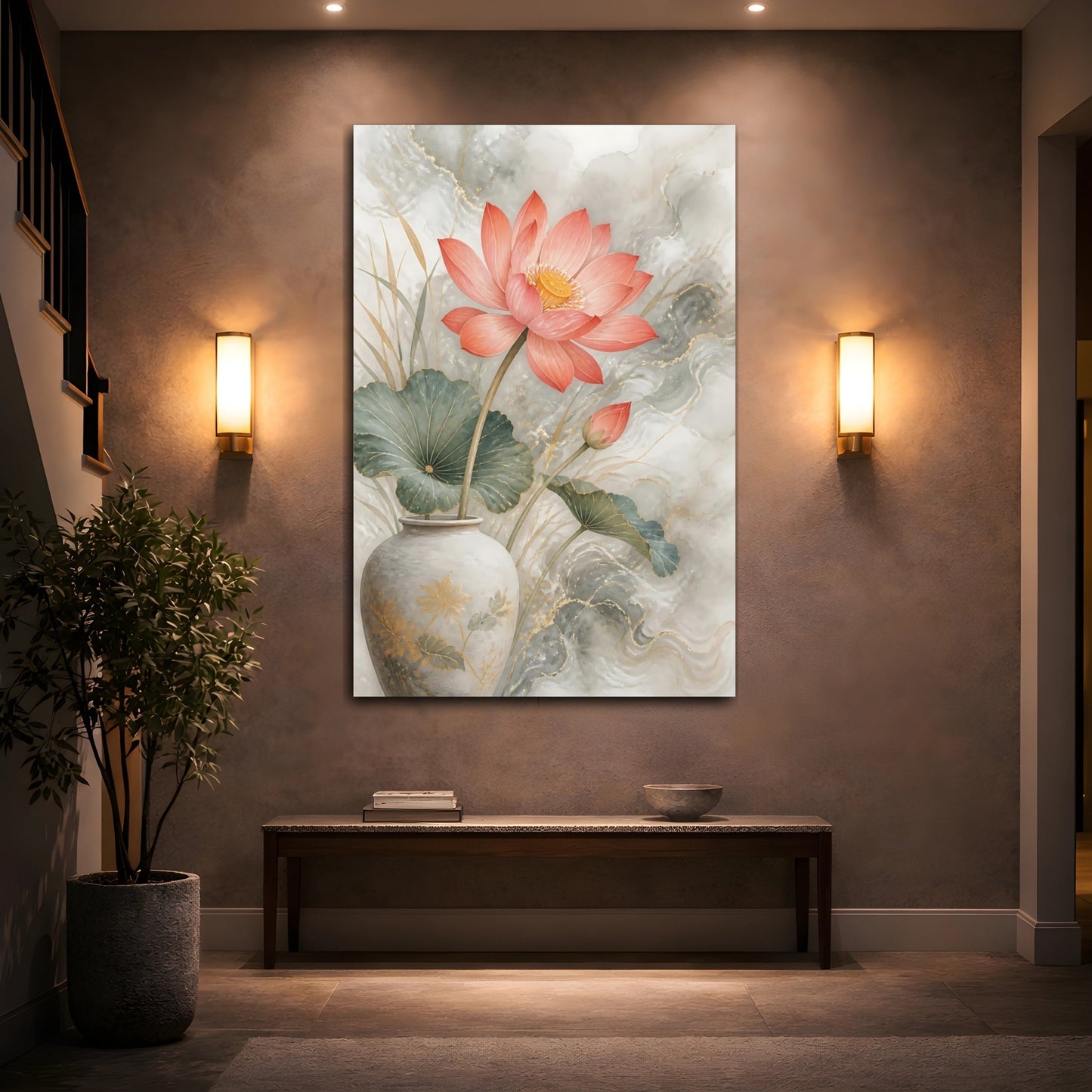 Mockup 2. Coral Lotus Floral Elegance shown as canvas print