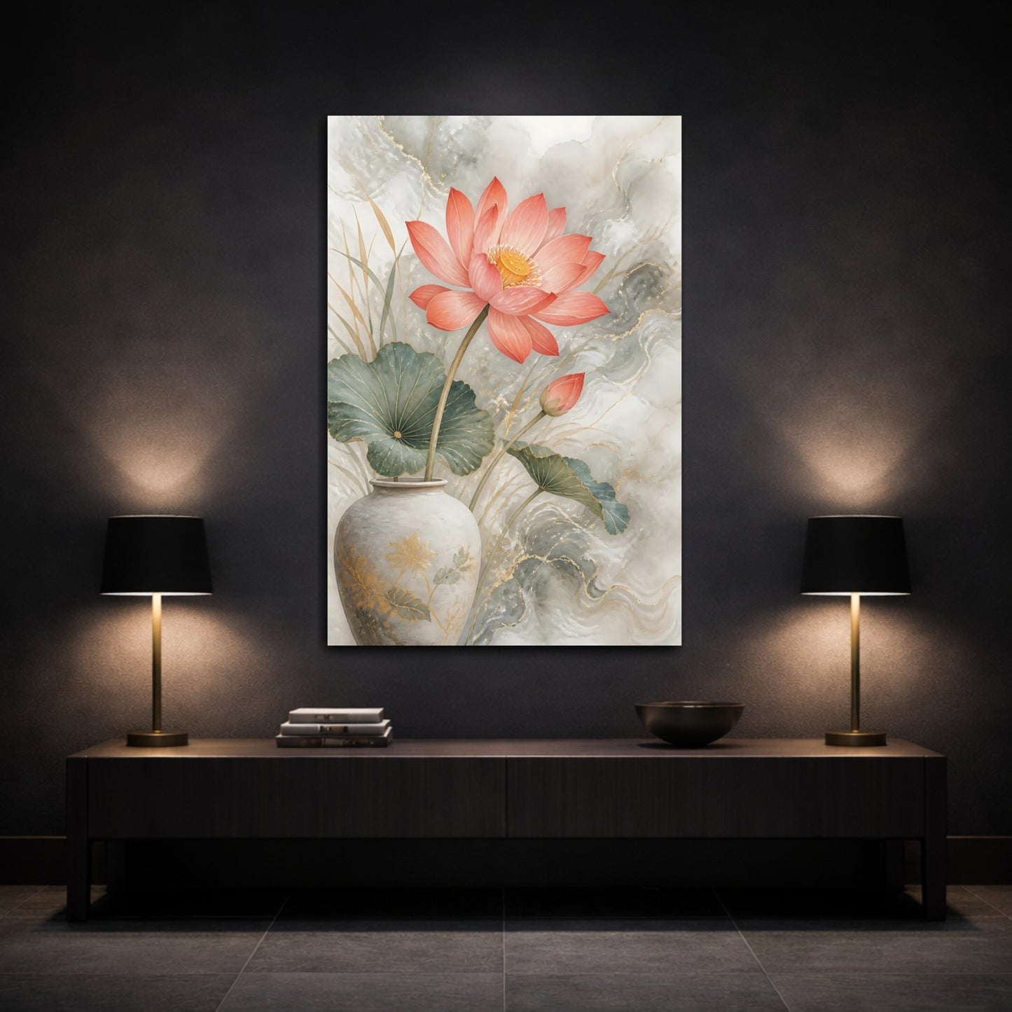 Mockup 3. Coral Lotus Floral Elegance shown as canvas print