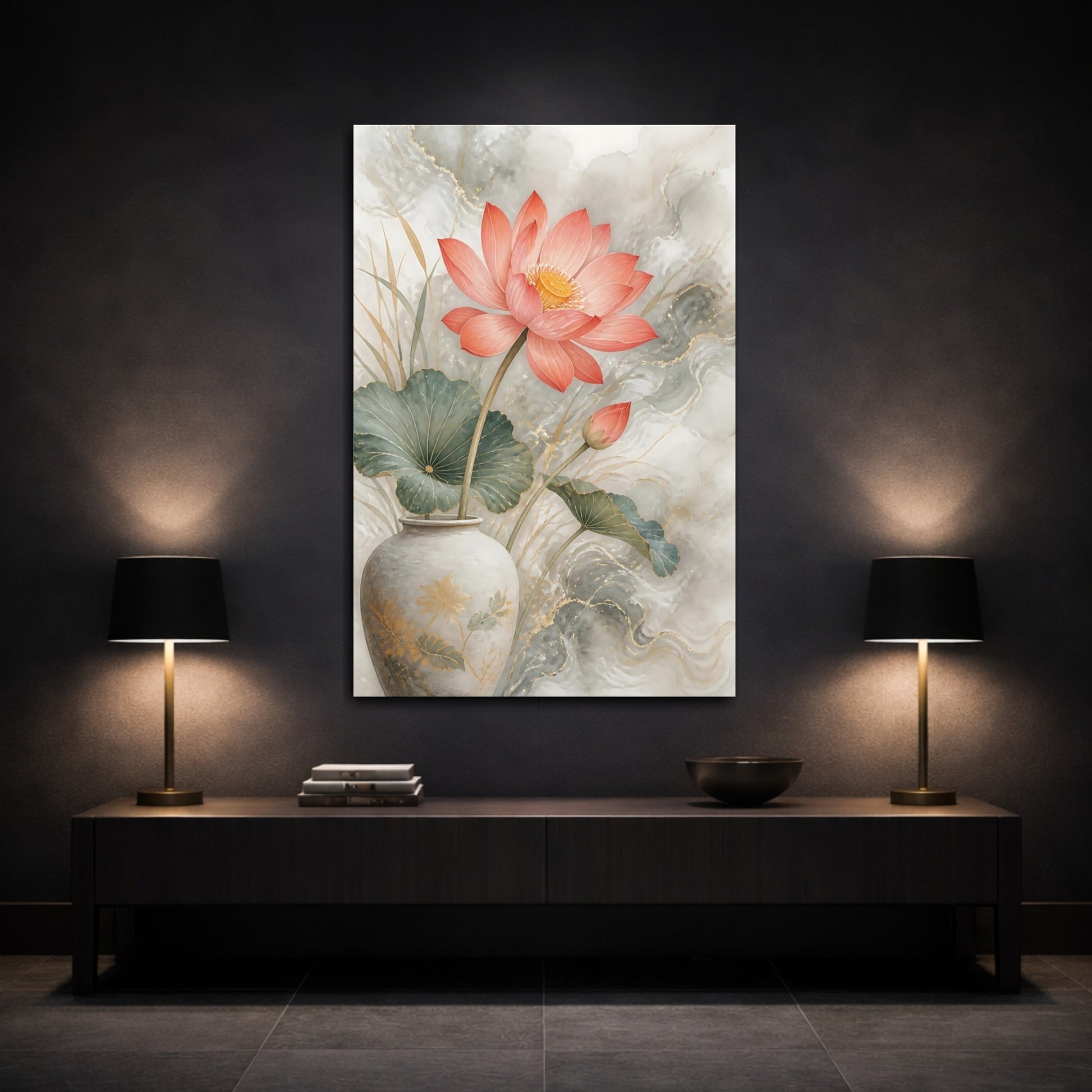 Mockup 3. Coral Lotus Floral Elegance shown as canvas print