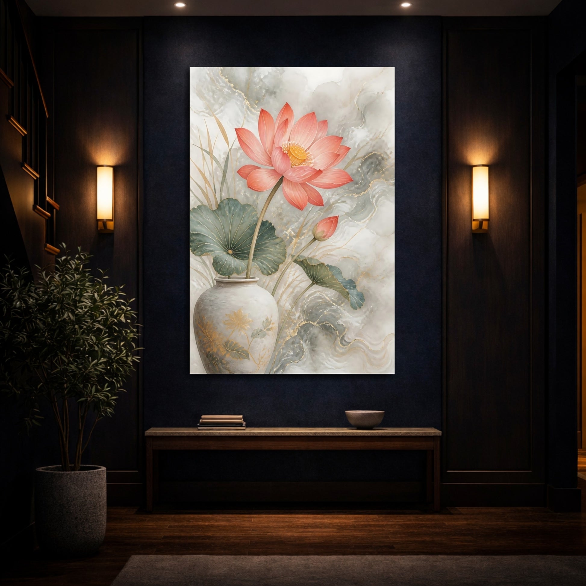 Mockup 4. Coral Lotus Floral Elegance shown as canvas print