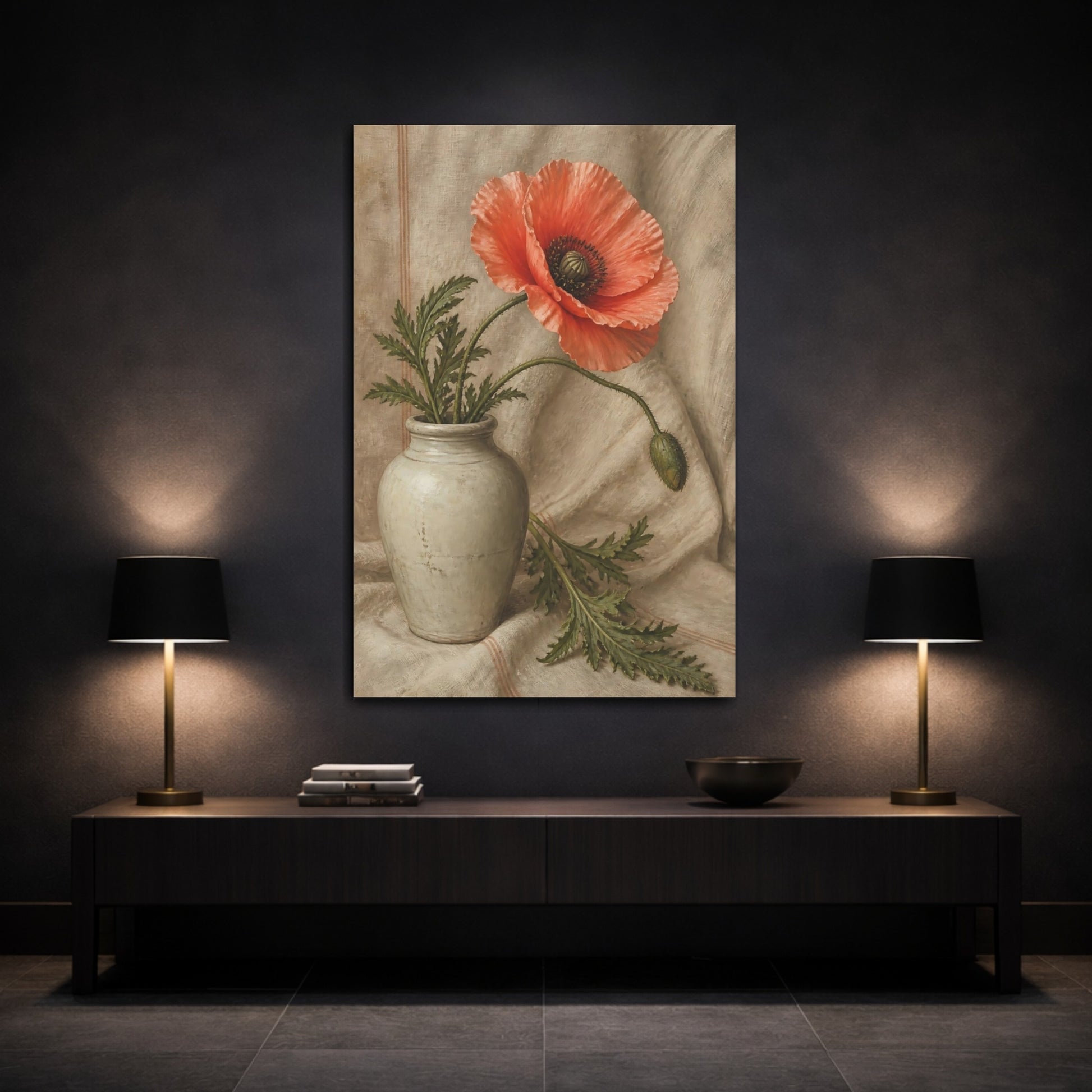 Mockup 3. Coral Poppy Floral Study shown as canvas print