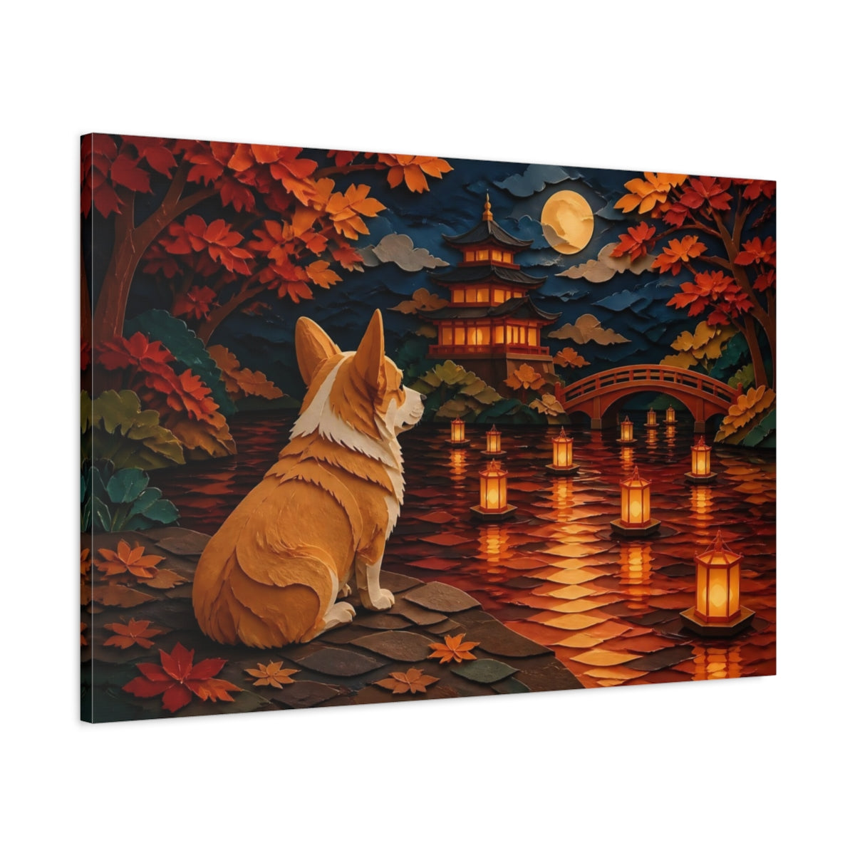 Main Mockup. Corgi At Lantern Lake shown as canvas print
