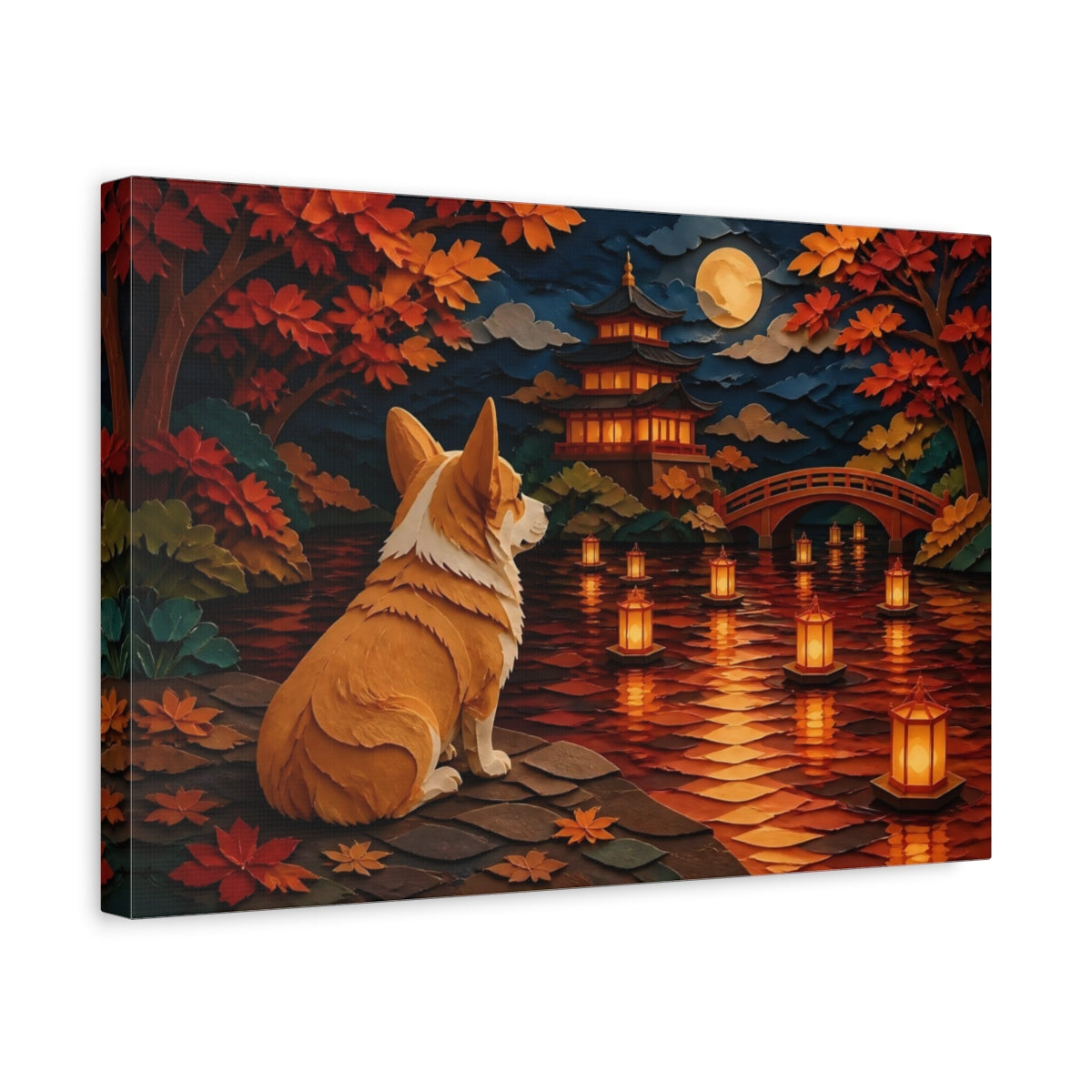 Side Mockup 4. Corgi At Lantern Lake shown as canvas print